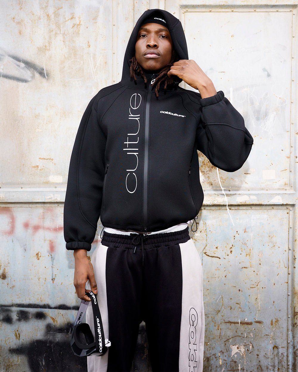 SCUBA ZIP HOODIE GREY & BLACK - black zip-up hoodie, street style shot - Cold Culture