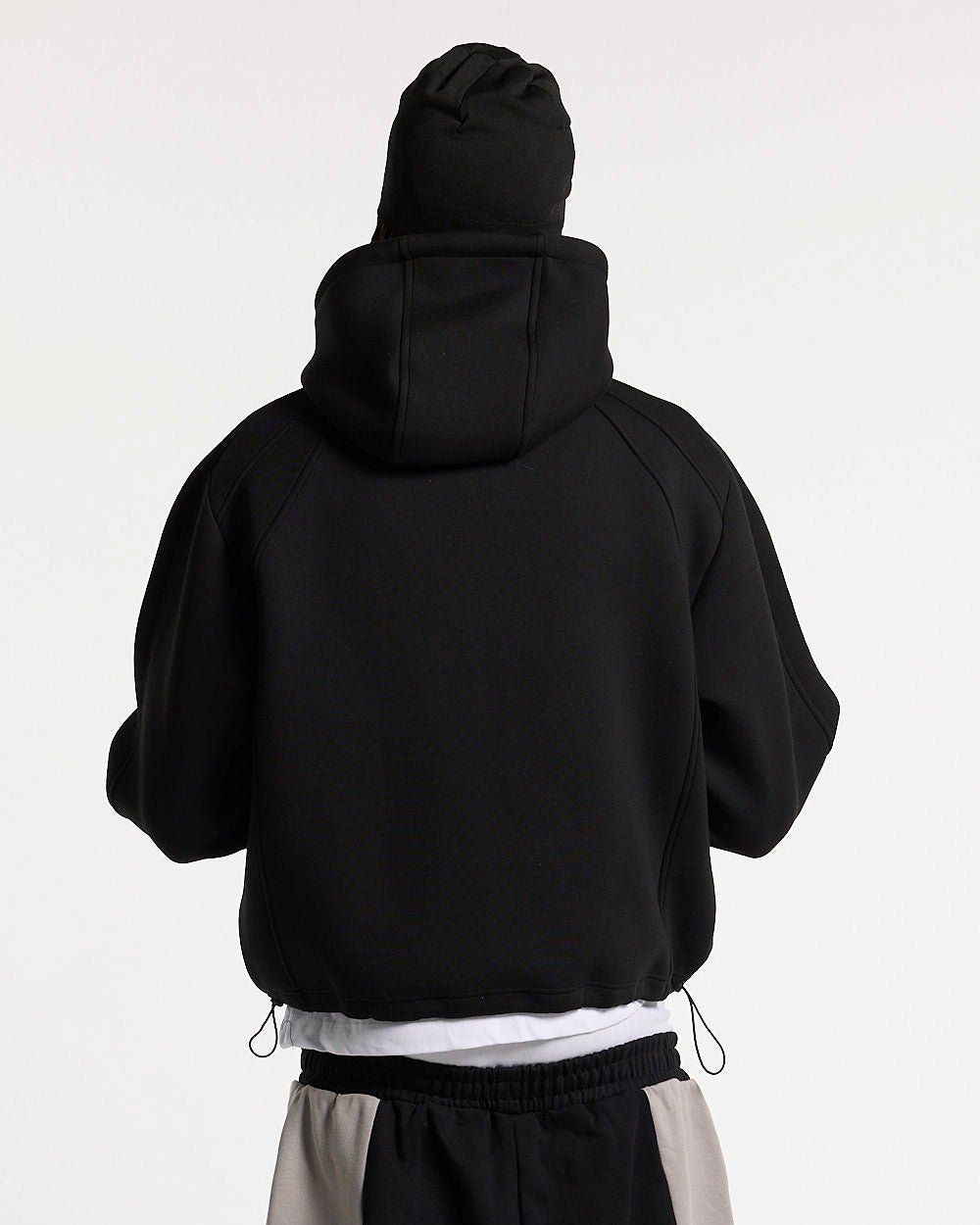 SCUBA ZIP HOODIE GREY & BLACK - black zip-up hoodie, back view on male model - Cold Culture