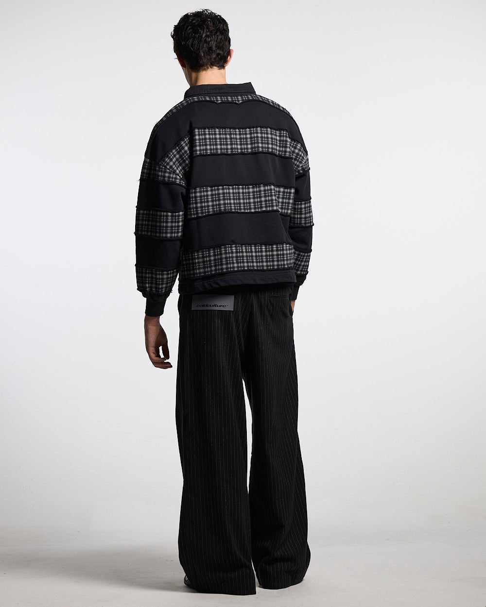 SEAM EFFECT LINE PANTS BLACK - black pinstripe pants, back view on male model - Cold Culture #man