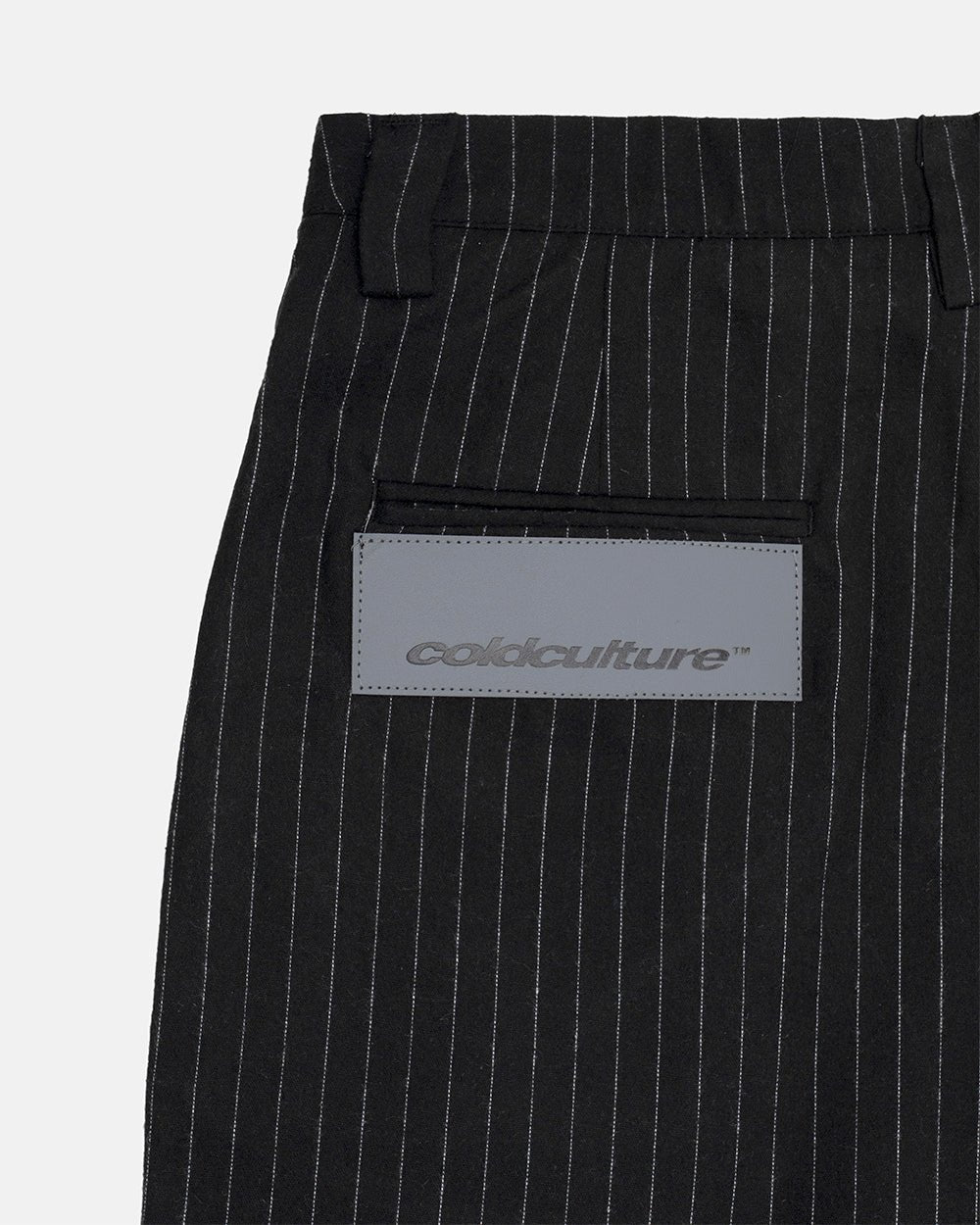 SEAM EFFECT LINE PANTS BLACK - black pinstripe pants, detail close-up - Cold Culture