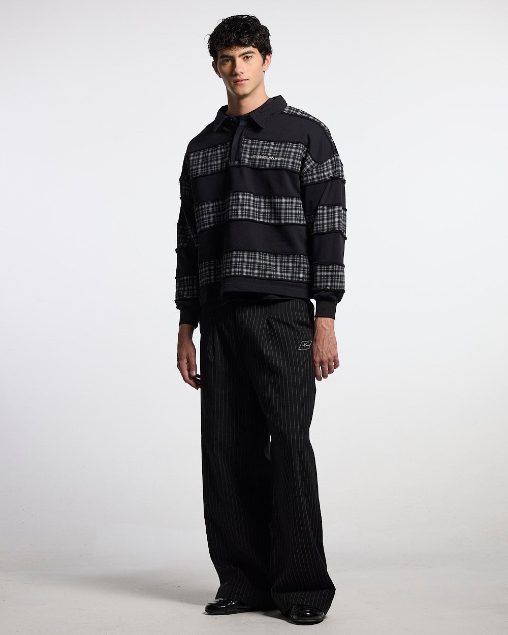 SEAM EFFECT LINE PANTS BLACK - black pinstripe pants, front view on male model - Cold Culture #man