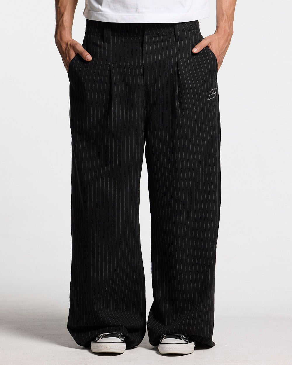 SEAM EFFECT LINE PANTS BLACK - black pinstripe pants, front view on male model - Cold Culture