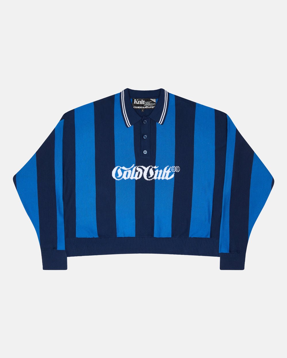 SEAWAVES KNIT BLUE STRIPES - blue striped knit sweater, front view - Cold Culture #packshot