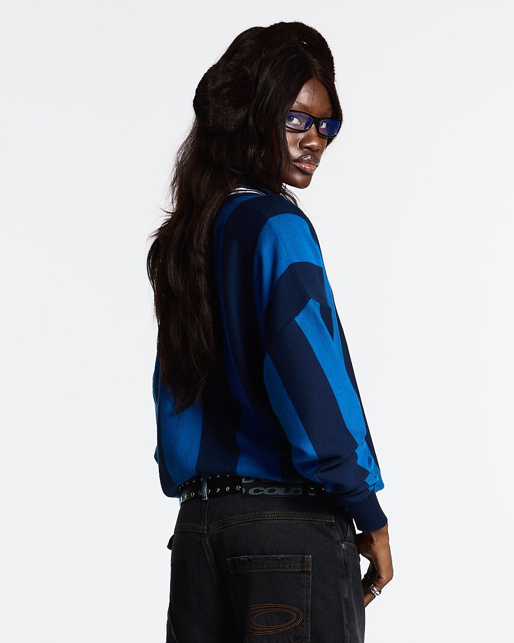 SEAWAVES KNIT BLUE STRIPES - blue striped knit sweater, back view on female model - Cold Culture #woman