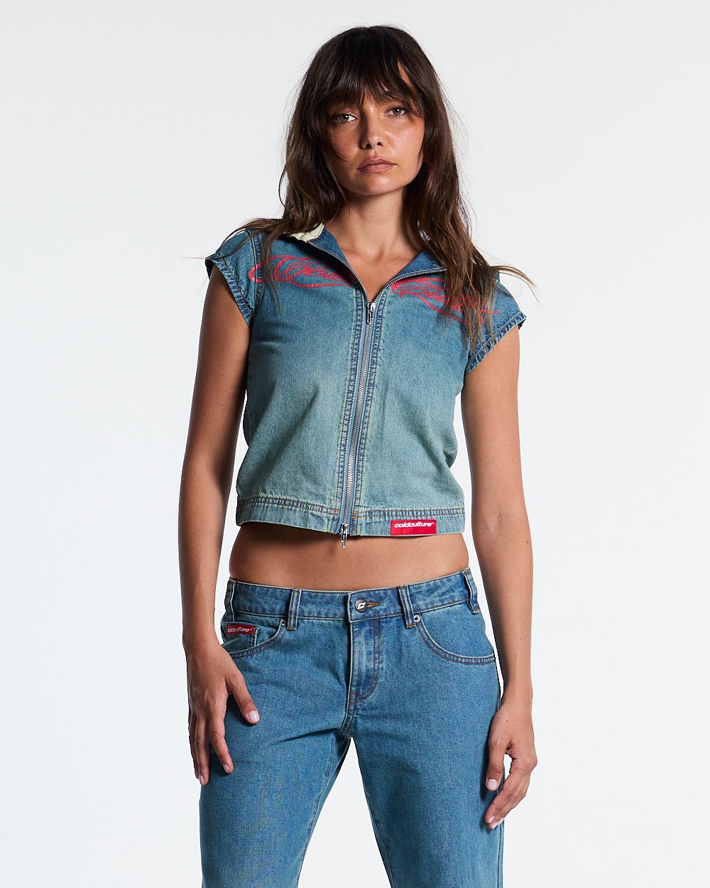 SIGHT ZIP BABY TEE DENIM - washed denim zip tee, front view on female model - Cold Culture #woman