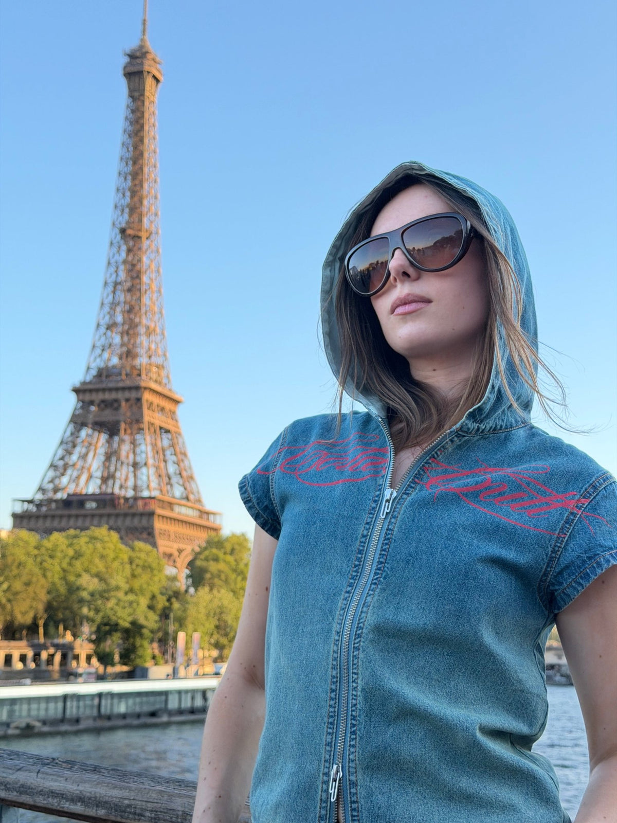 SIGHT ZIP BABY TEE DENIM - washed denim zip tee, street style shot - Cold Culture #woman