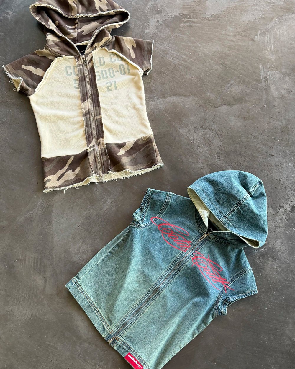 SIGHT ZIP BABY TEE DENIM - washed denim zip tee, flat lay with matching pieces - Cold Culture