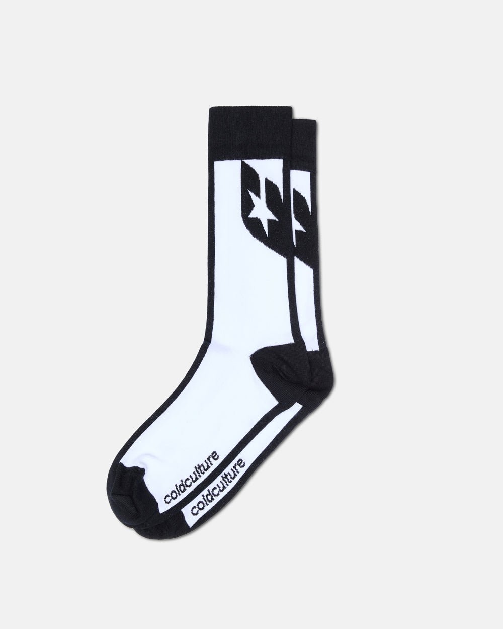 SILHOUETTE SOCKS BLACK/ WHITE - black and white crew socks, flat lay - Cold Culture #packshot