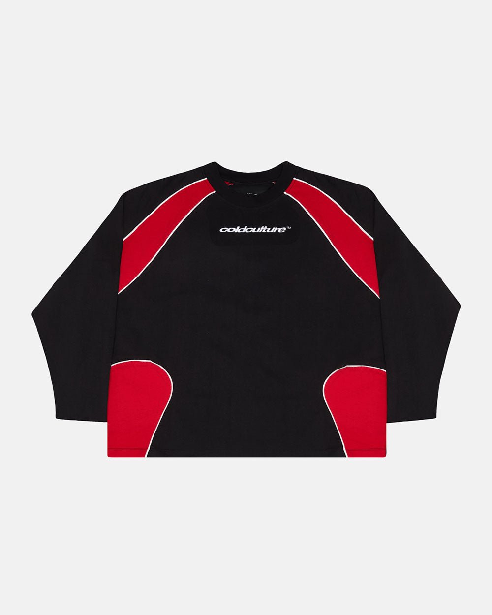 SLIDER LONGSLEEVE TEE BLACK & RED - black and red panelled longsleeve tee, front view - Cold Culture #packshot
