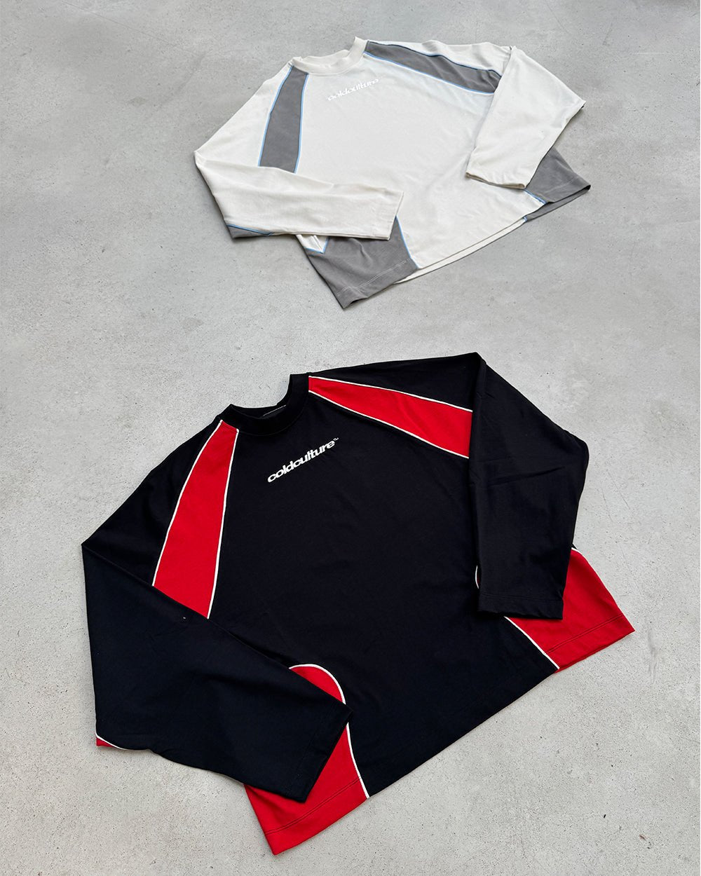 SLIDER LONGSLEEVE TEE GREY - grey panelled longsleeve tee, flat lay with matching pieces - Cold Culture