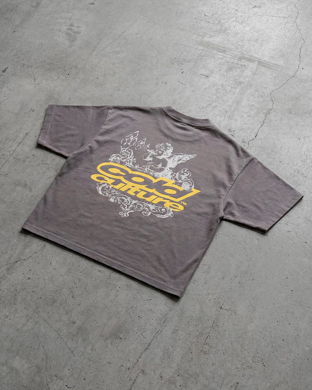 SMOKING ANGEL GREY - grey graphic print tee, flat lay - Cold Culture