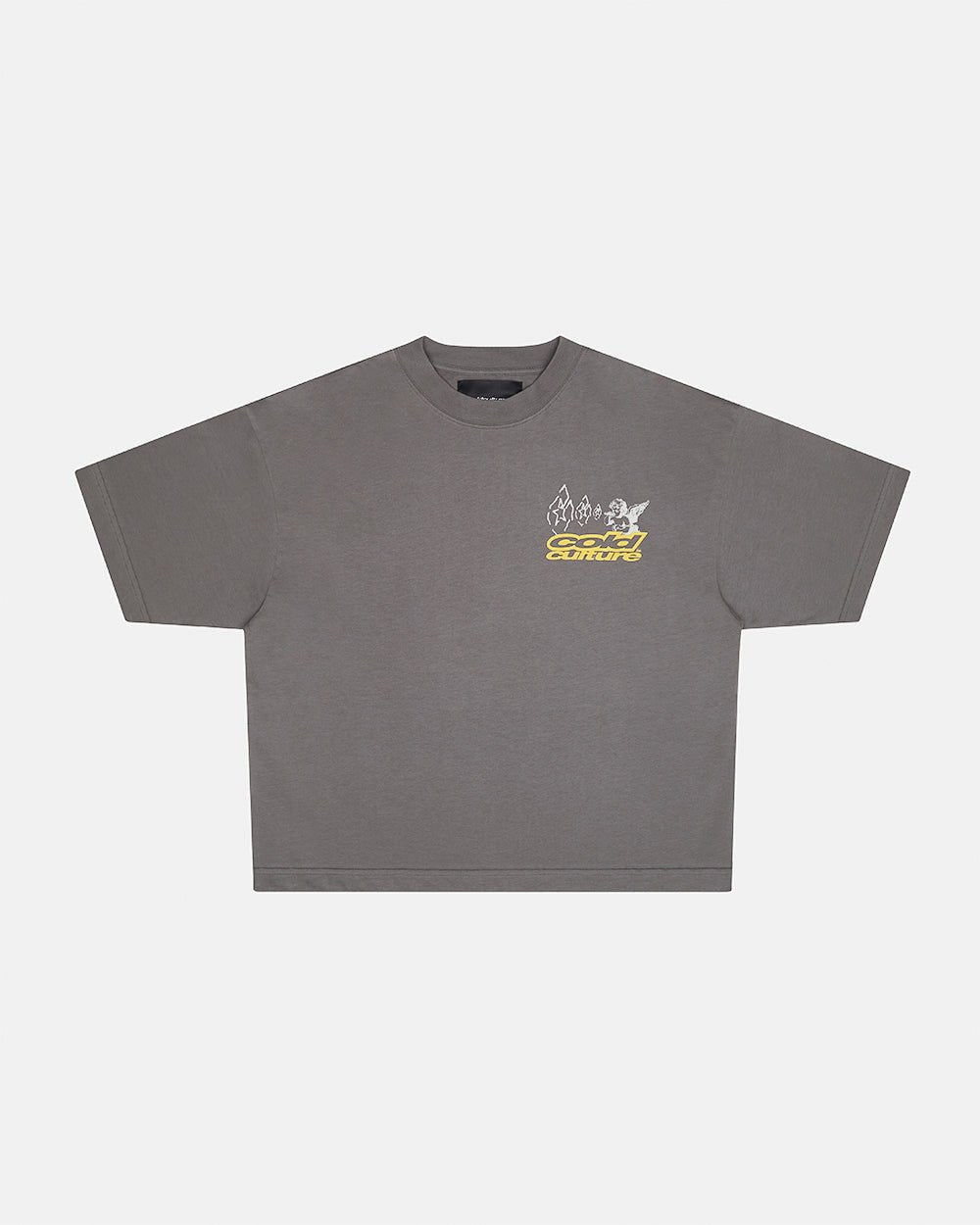 SMOKING ANGEL GREY - grey graphic print tee, front view - Cold Culture #packshot