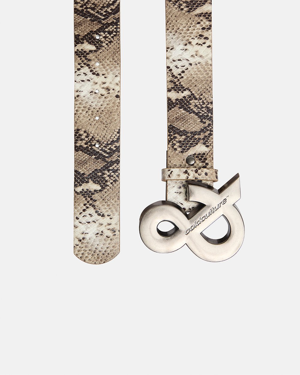 SNAKE & SKIN LEATHER BELT BEIGE - beige snakeskin print leather belt, detail close-up - Cold Culture