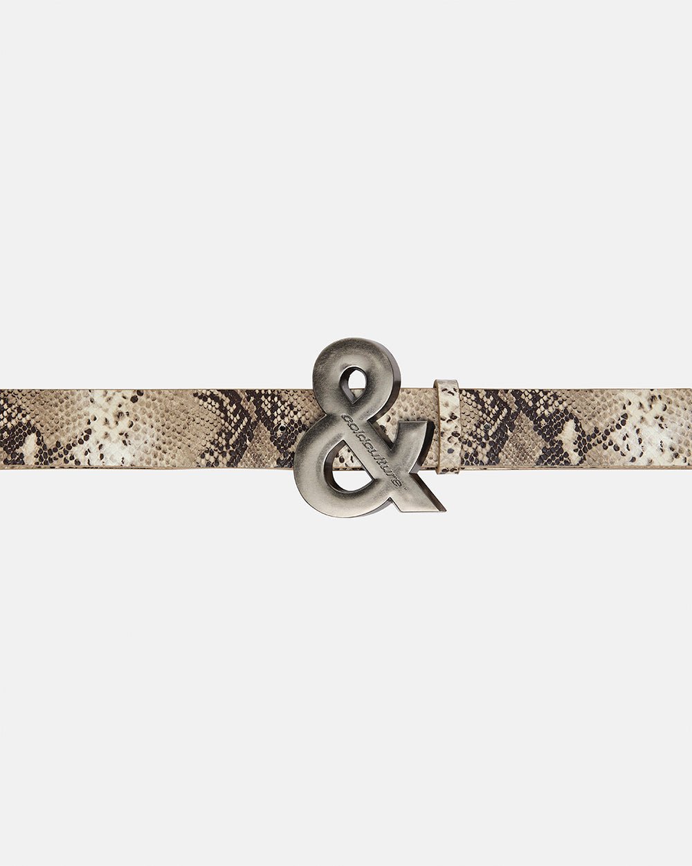 SNAKE & SKIN LEATHER BELT BEIGE - beige snakeskin print leather belt, detail close-up - Cold Culture