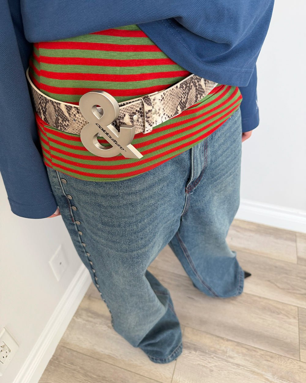 SNAKE & SKIN LEATHER BELT BEIGE - beige snakeskin print leather belt, worn detail - Cold Culture