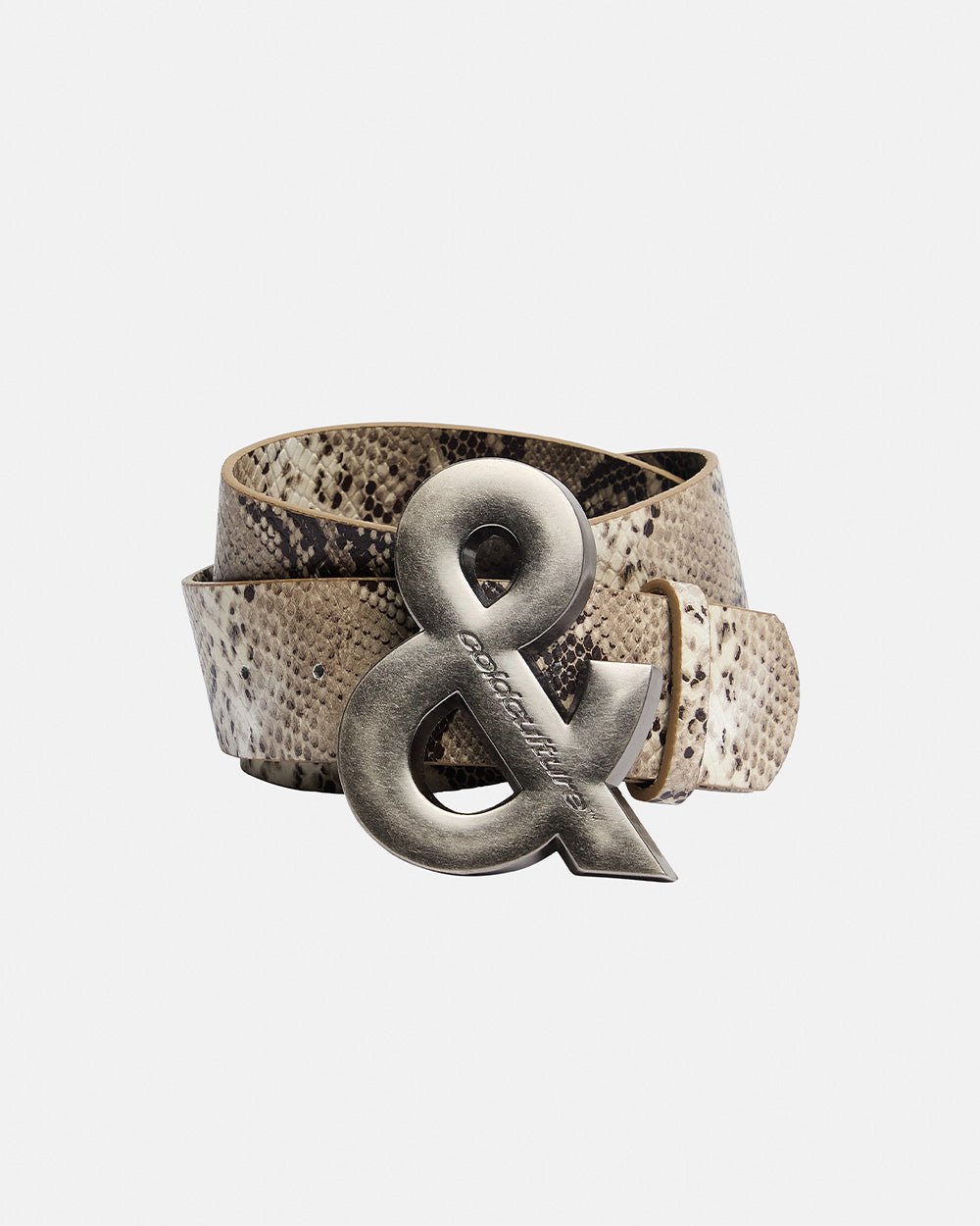 SNAKE & SKIN LEATHER BELT BEIGE - beige snakeskin print leather belt, front view - Cold Culture #packshot