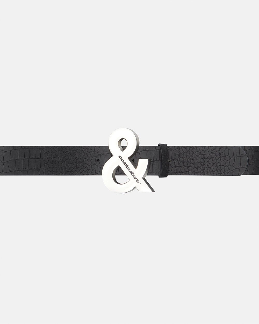 SNAKE & SKIN LEATHER BELT BLACK - black croc-embossed leather belt, detail close-up - Cold Culture