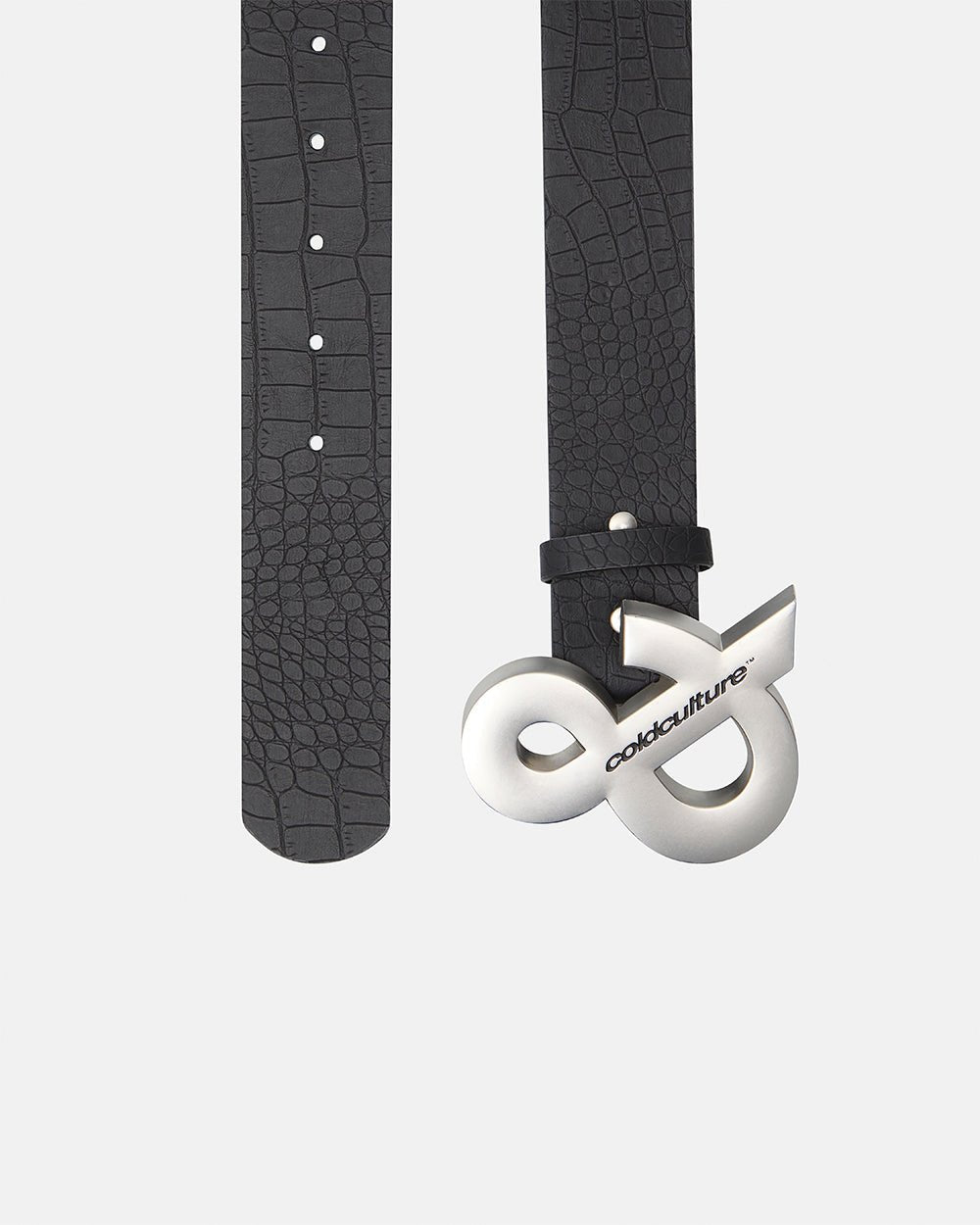 SNAKE & SKIN LEATHER BELT BLACK - black croc-embossed leather belt, detail close-up - Cold Culture