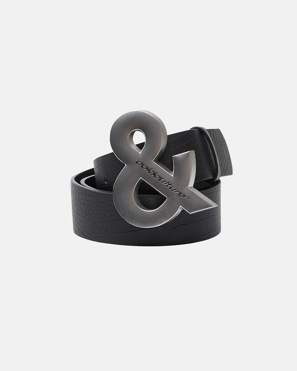 SNAKE & SKIN LEATHER BELT BLACK - black croc-embossed leather belt, front view - Cold Culture #packshot