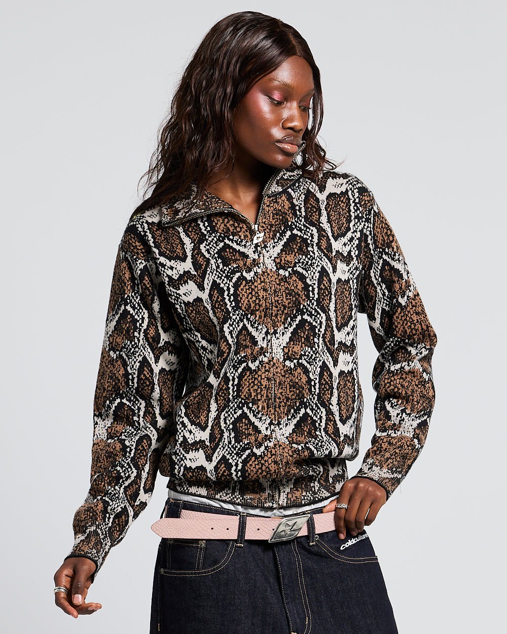 SNAKE ZIP KNIT BROWN - brown snakeskin knit sweater, front view on female model - Cold Culture #woman