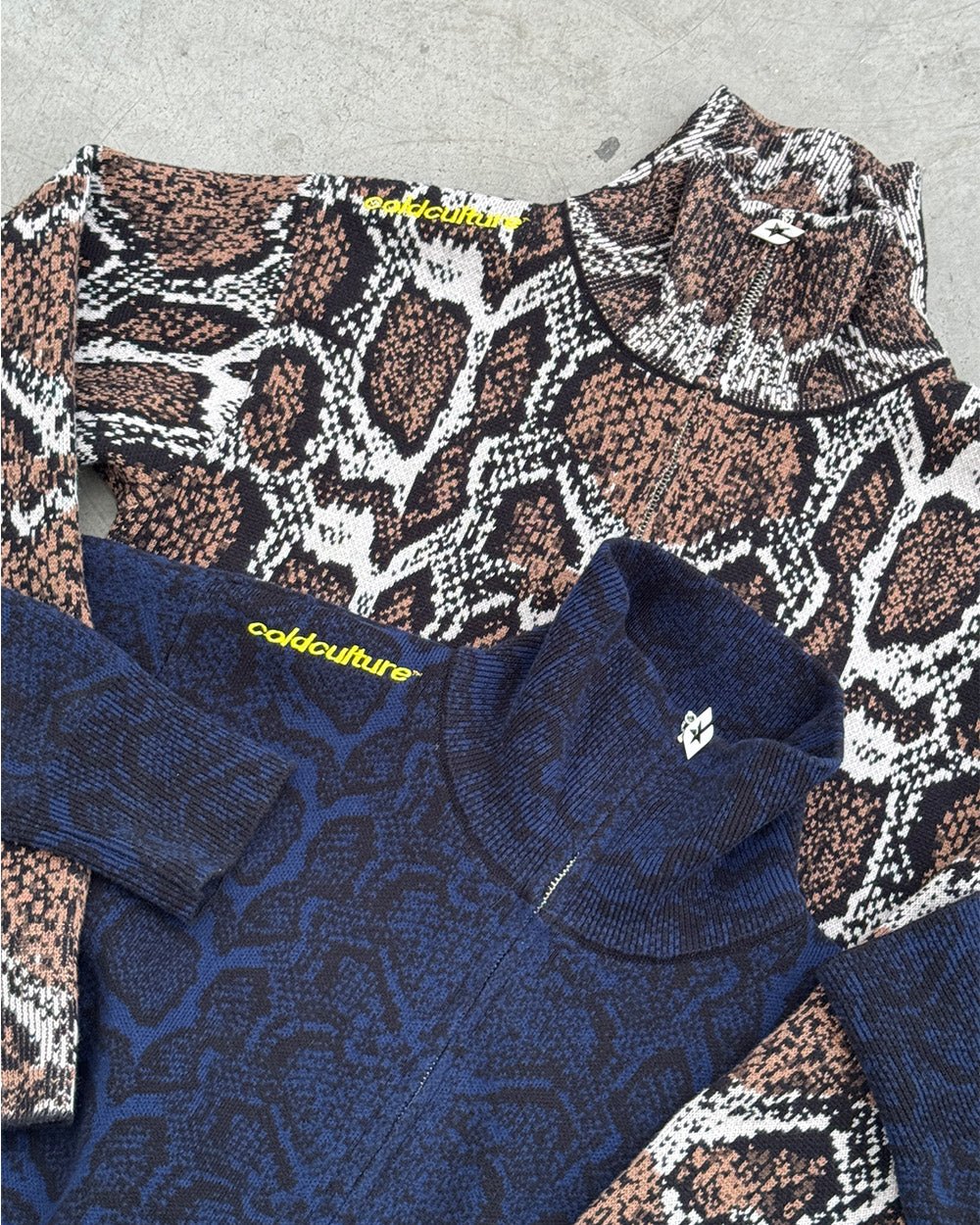 SNAKE ZIP KNIT BROWN - brown snakeskin knit sweater, flat lay with matching pieces - Cold Culture