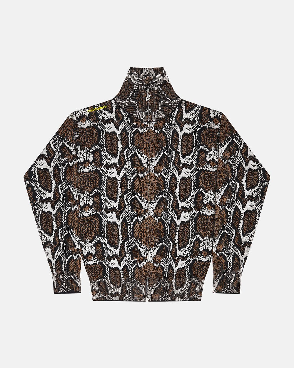SNAKE ZIP KNIT BROWN - brown snakeskin knit sweater, front view - Cold Culture #packshot