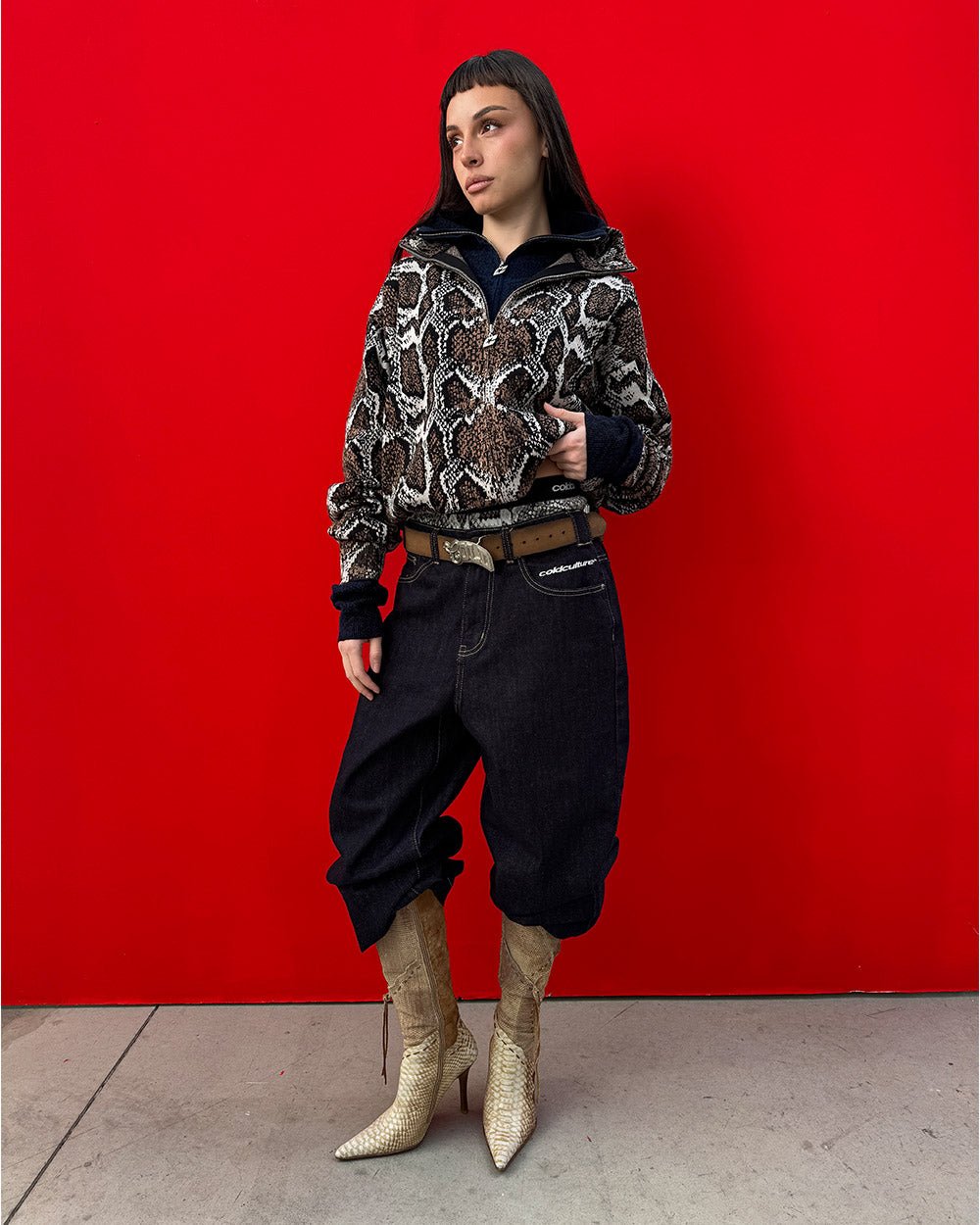 SNAKE ZIP KNIT BROWN - brown snakeskin knit sweater, front view on female model - Cold Culture #woman
