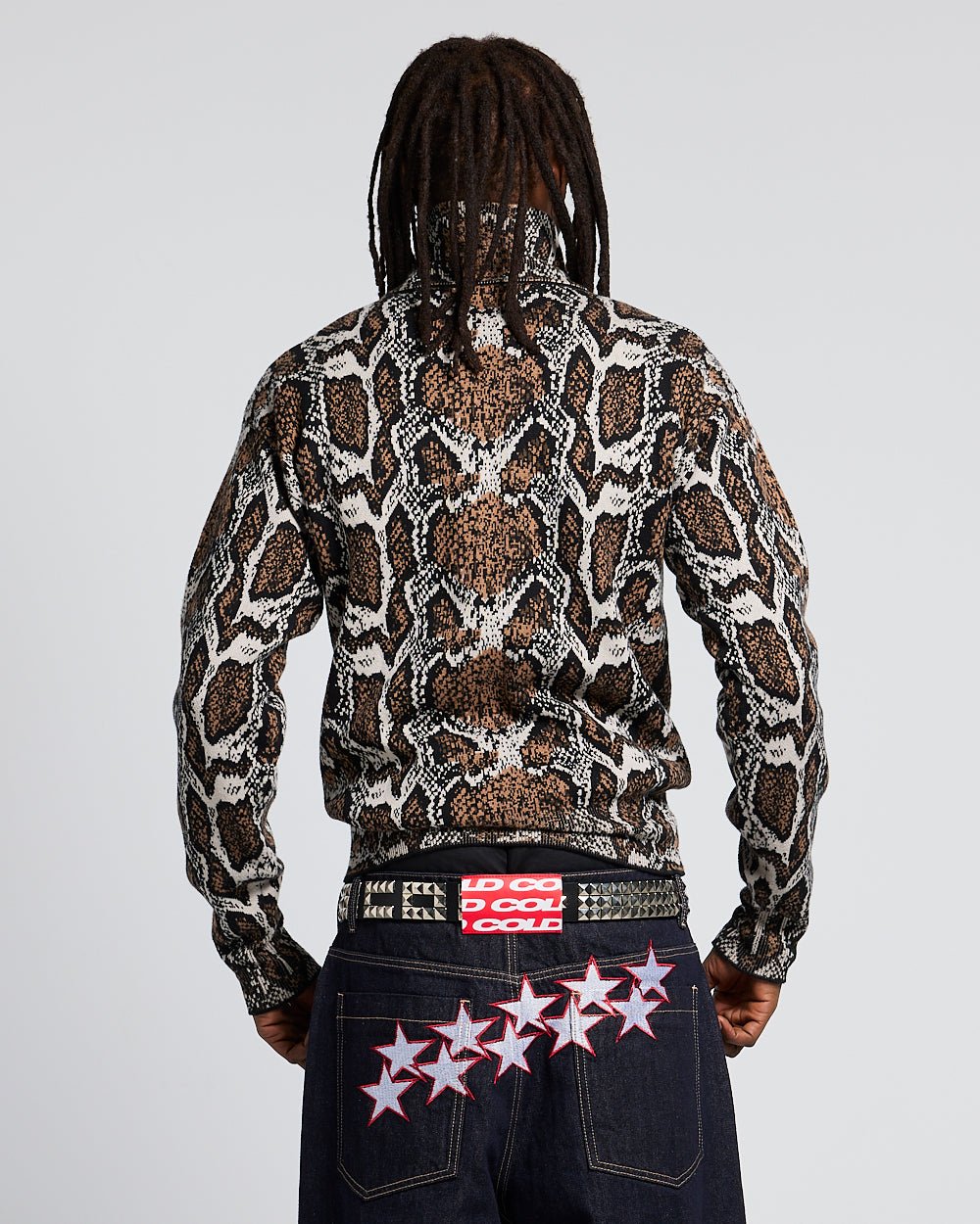 SNAKE ZIP KNIT BROWN - brown snakeskin knit sweater, back view on male model - Cold Culture #man