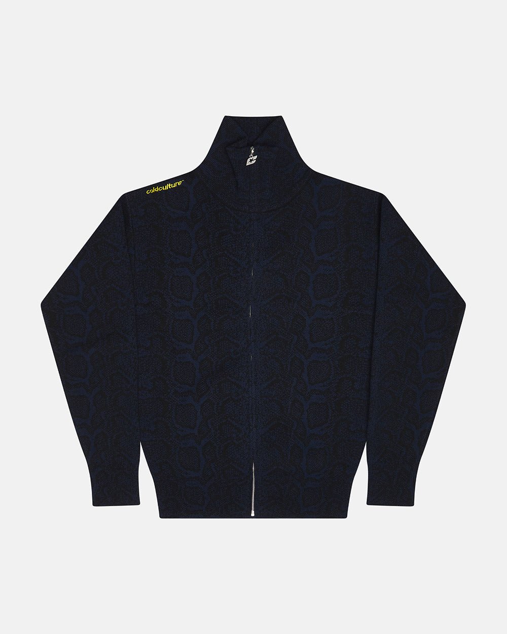 SNAKE ZIP KNIT DARK BLUE - dark blue snakeskin knit sweater, front view - Cold Culture #packshot