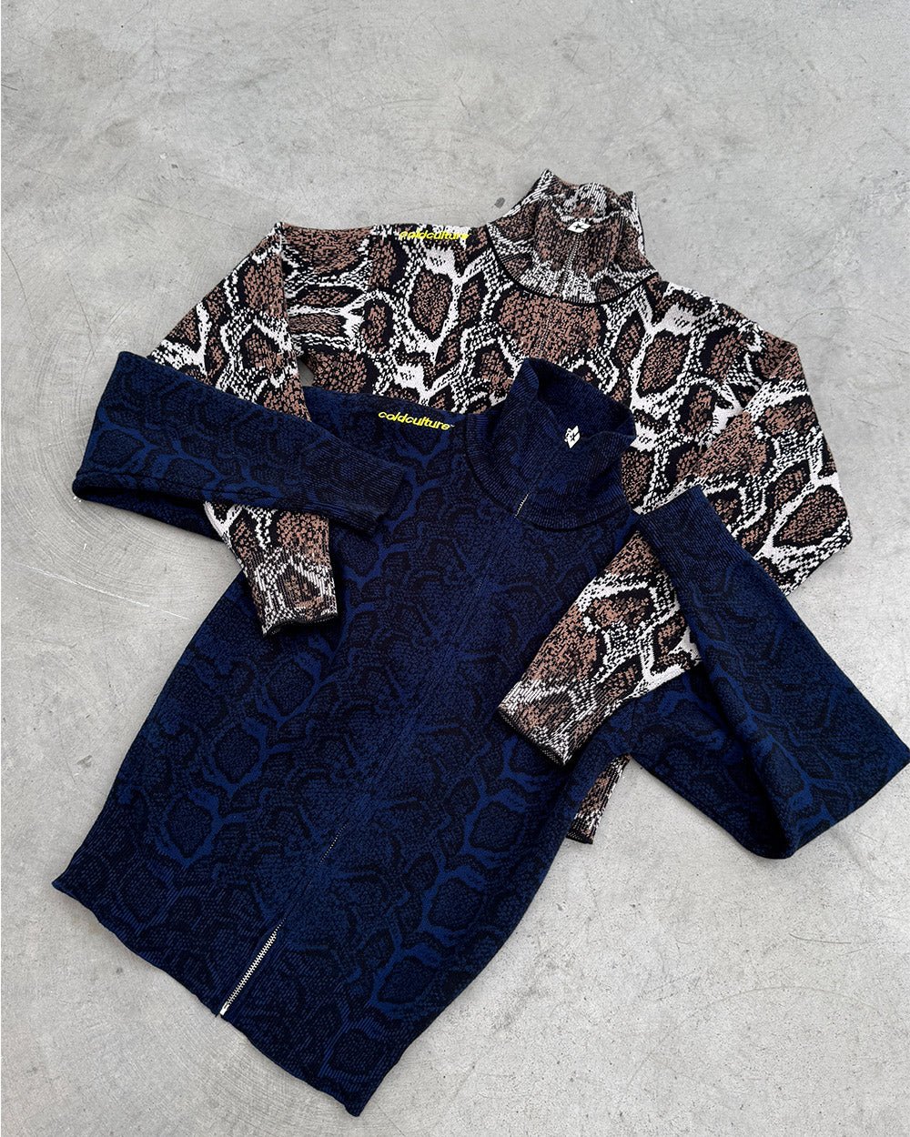 SNAKE ZIP KNIT DARK BLUE - dark blue snakeskin knit sweater, flat lay with matching pieces - Cold Culture