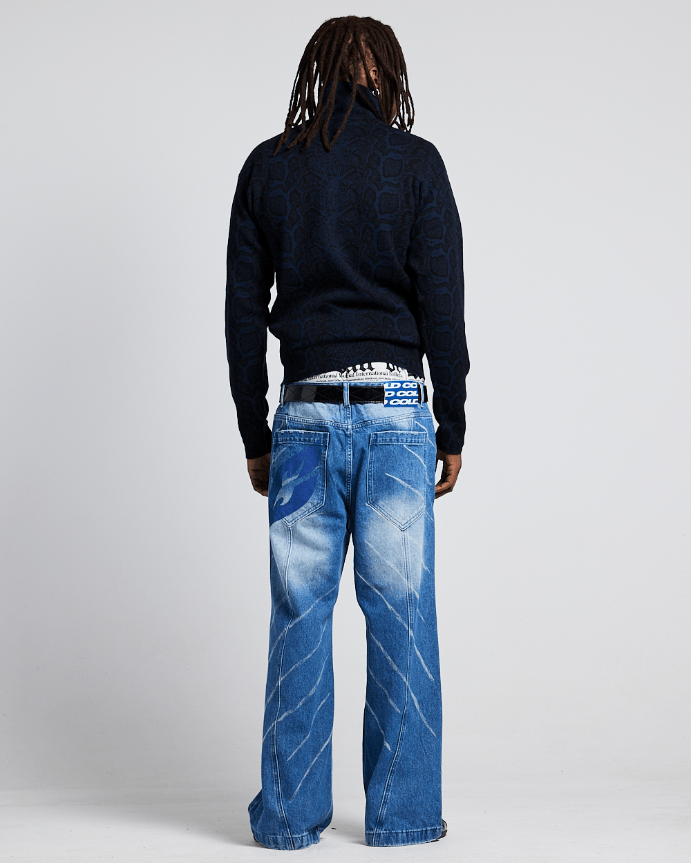 SNAKE ZIP KNIT DARK BLUE - dark blue snakeskin knit sweater, back view on male model - Cold Culture #man
