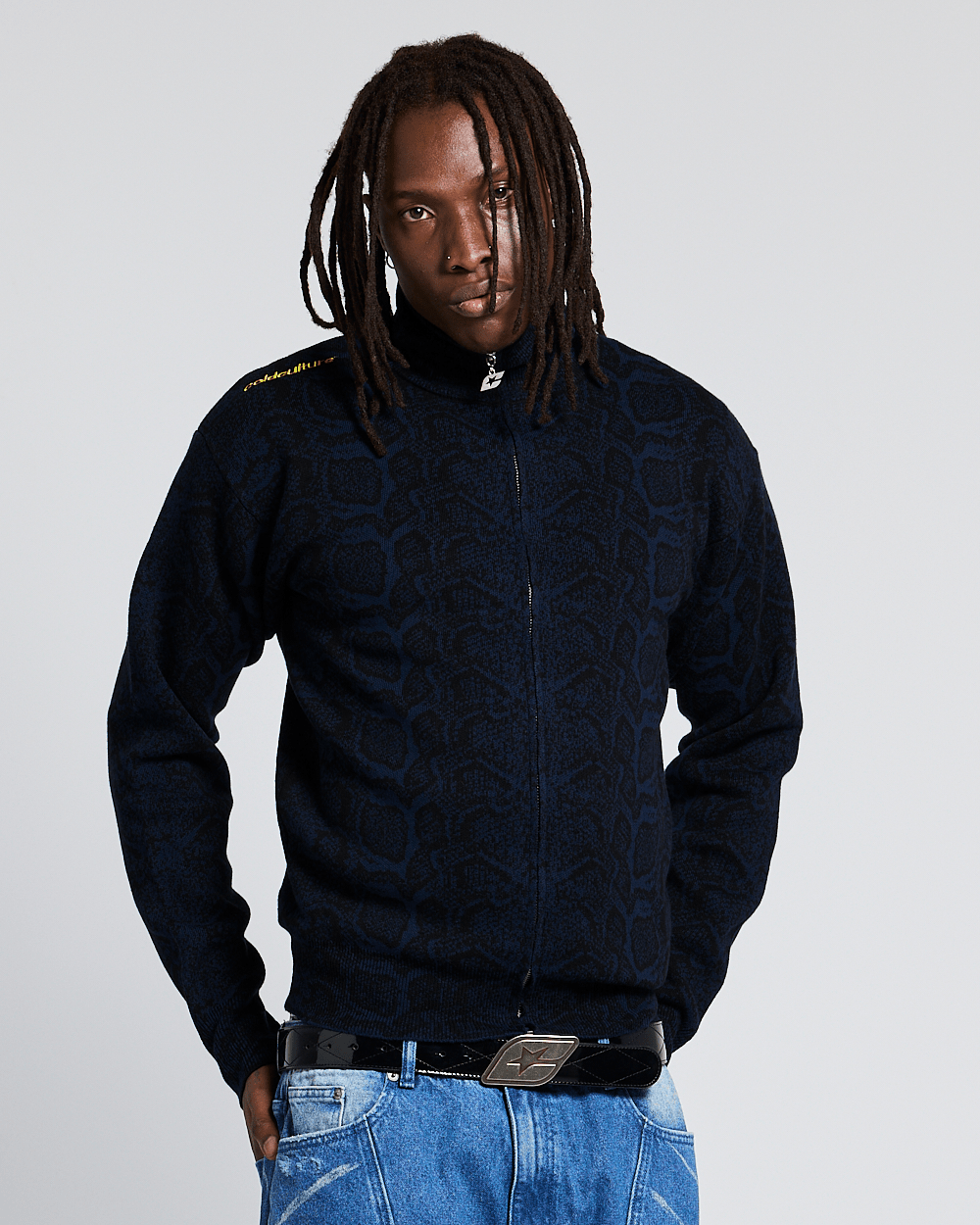 SNAKE ZIP KNIT DARK BLUE - dark blue snakeskin knit sweater, front view on male model - Cold Culture #man