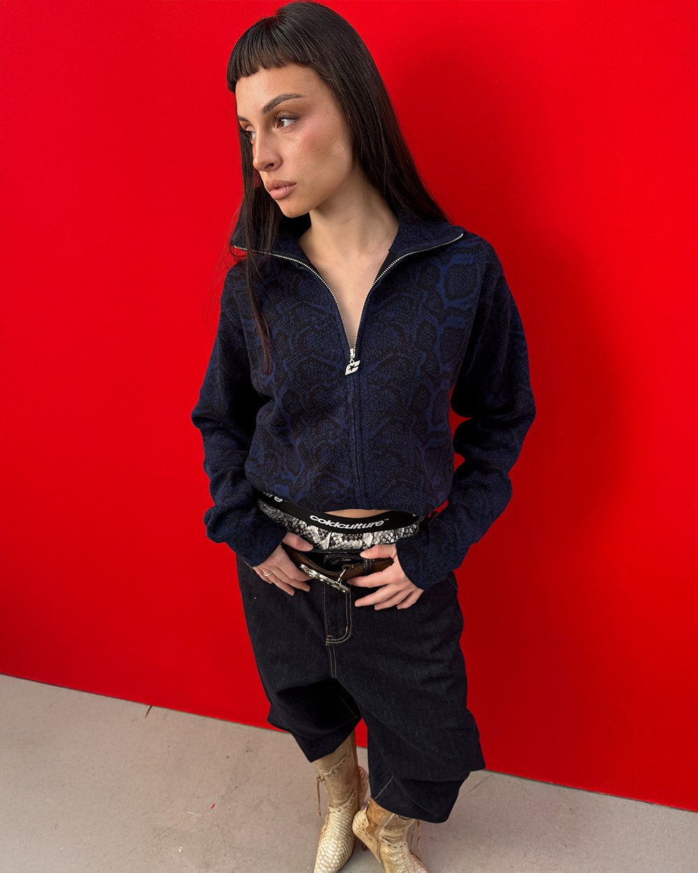 SNAKE ZIP KNIT DARK BLUE - dark blue snakeskin knit sweater, front view on female model - Cold Culture #woman