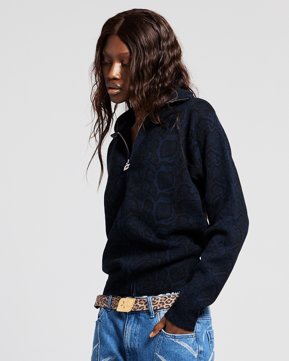 SNAKE ZIP KNIT DARK BLUE - dark blue snakeskin knit sweater, front view on female model - Cold Culture #woman
