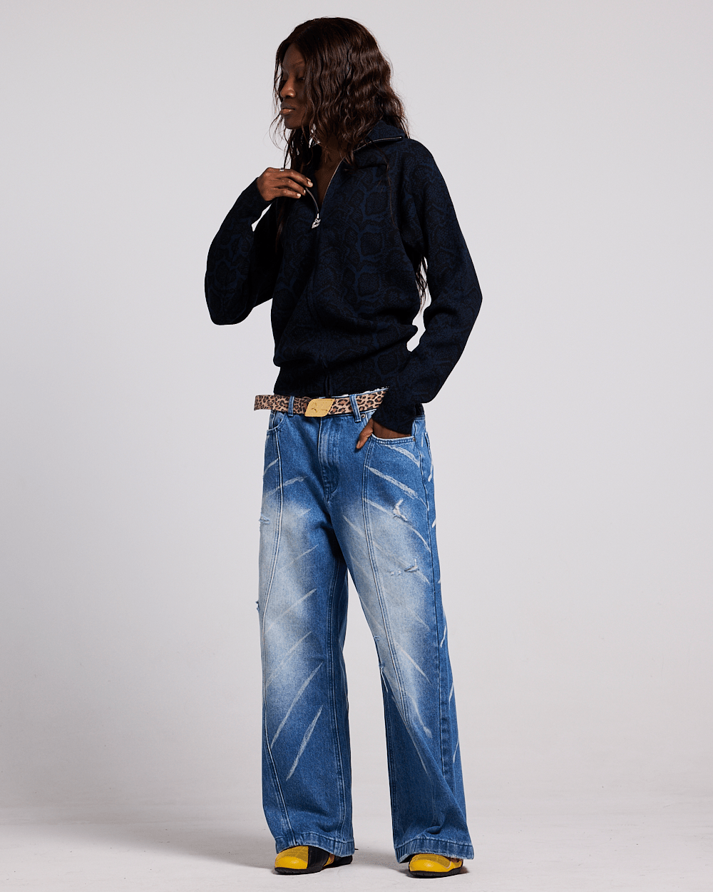 SNAKE ZIP KNIT DARK BLUE - dark blue snakeskin knit sweater, front view on female model - Cold Culture #woman