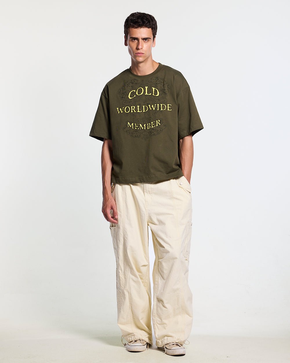 SOLID CARGO PANTS WHITE - off-white cargo pants, front view on male model - Cold Culture #man