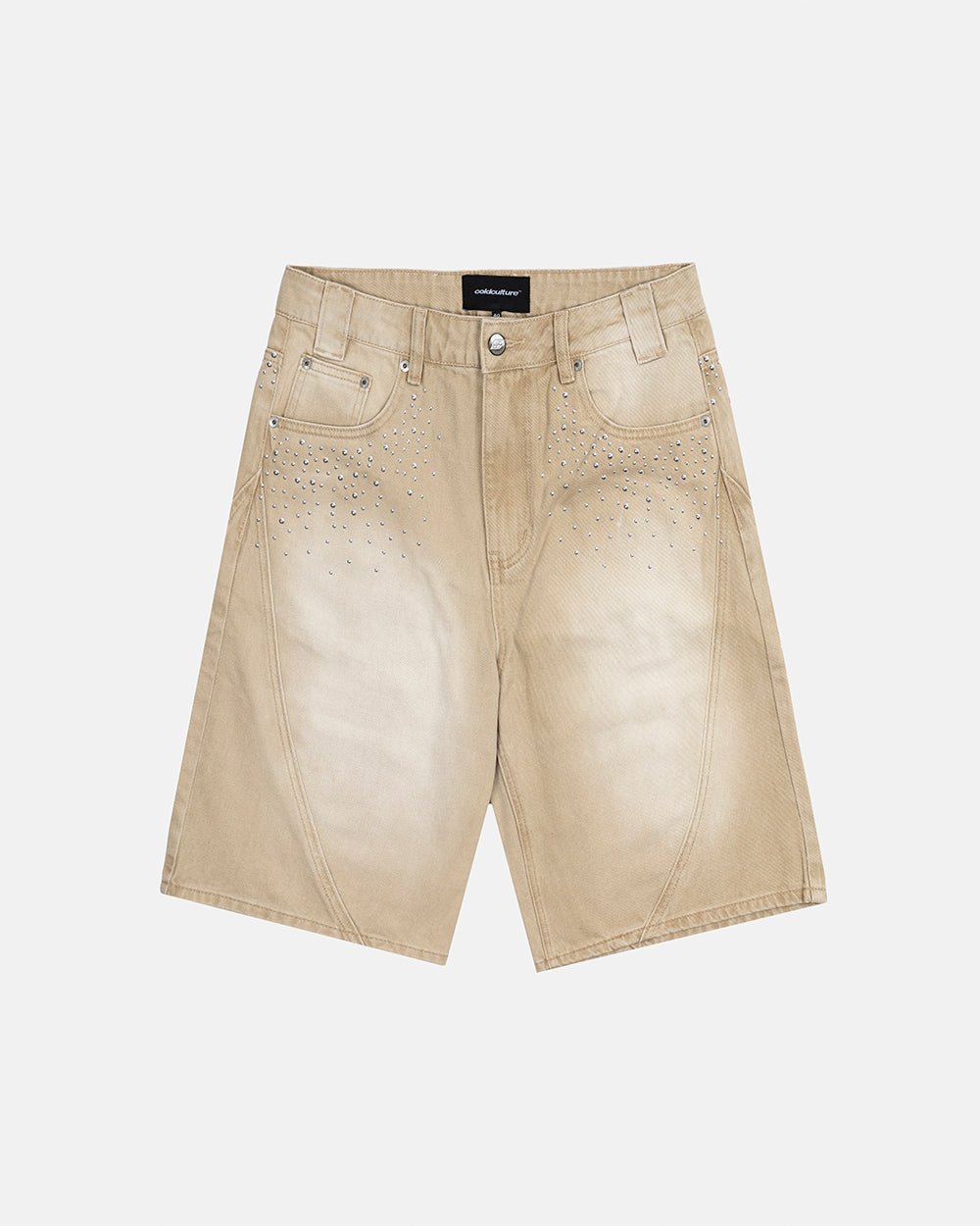 SPARK SHORTS BEIGE - beige washed denim shorts, front view - Cold Culture #packshot