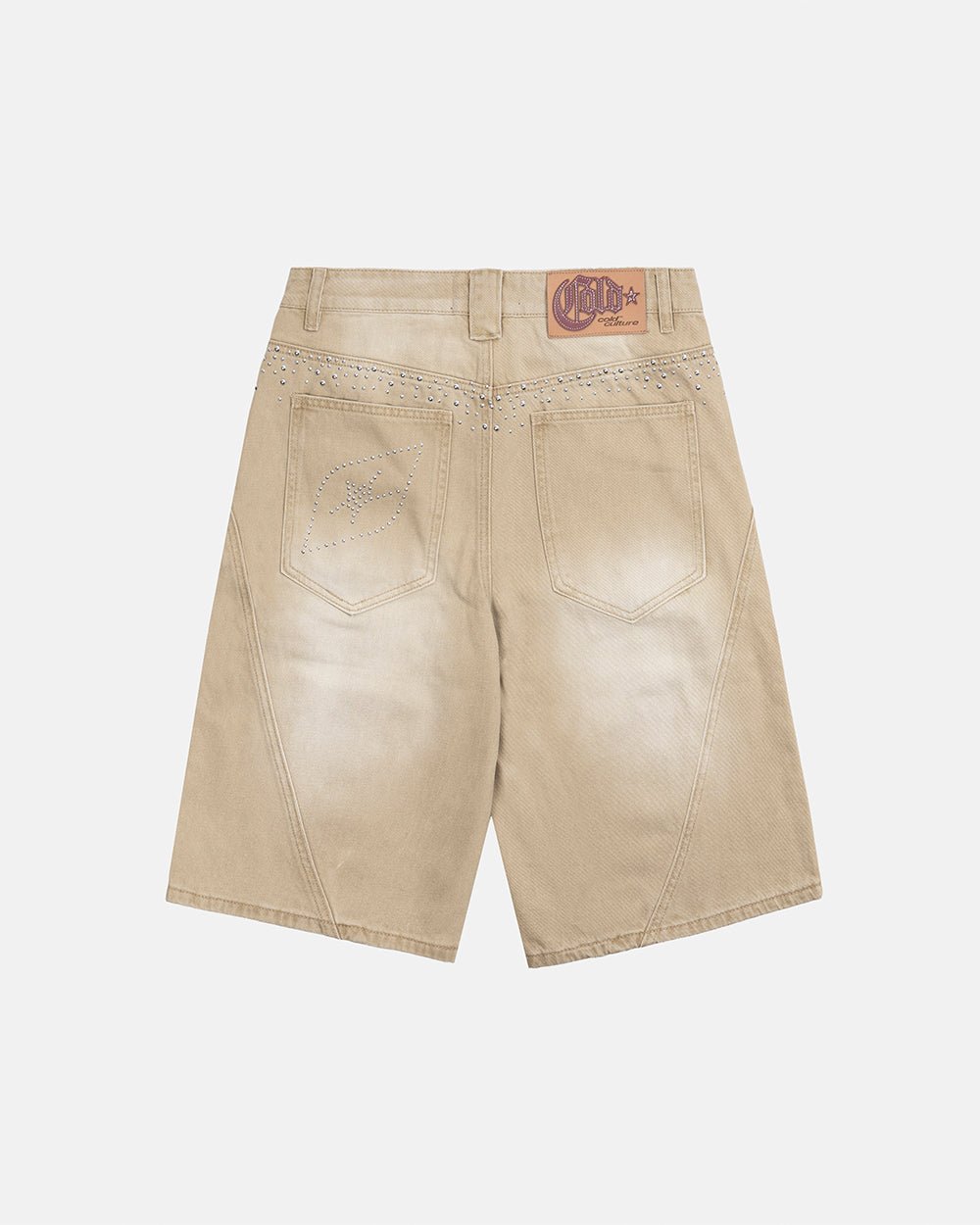 SPARK SHORTS BEIGE - beige washed denim shorts, back view - Cold Culture #packshot