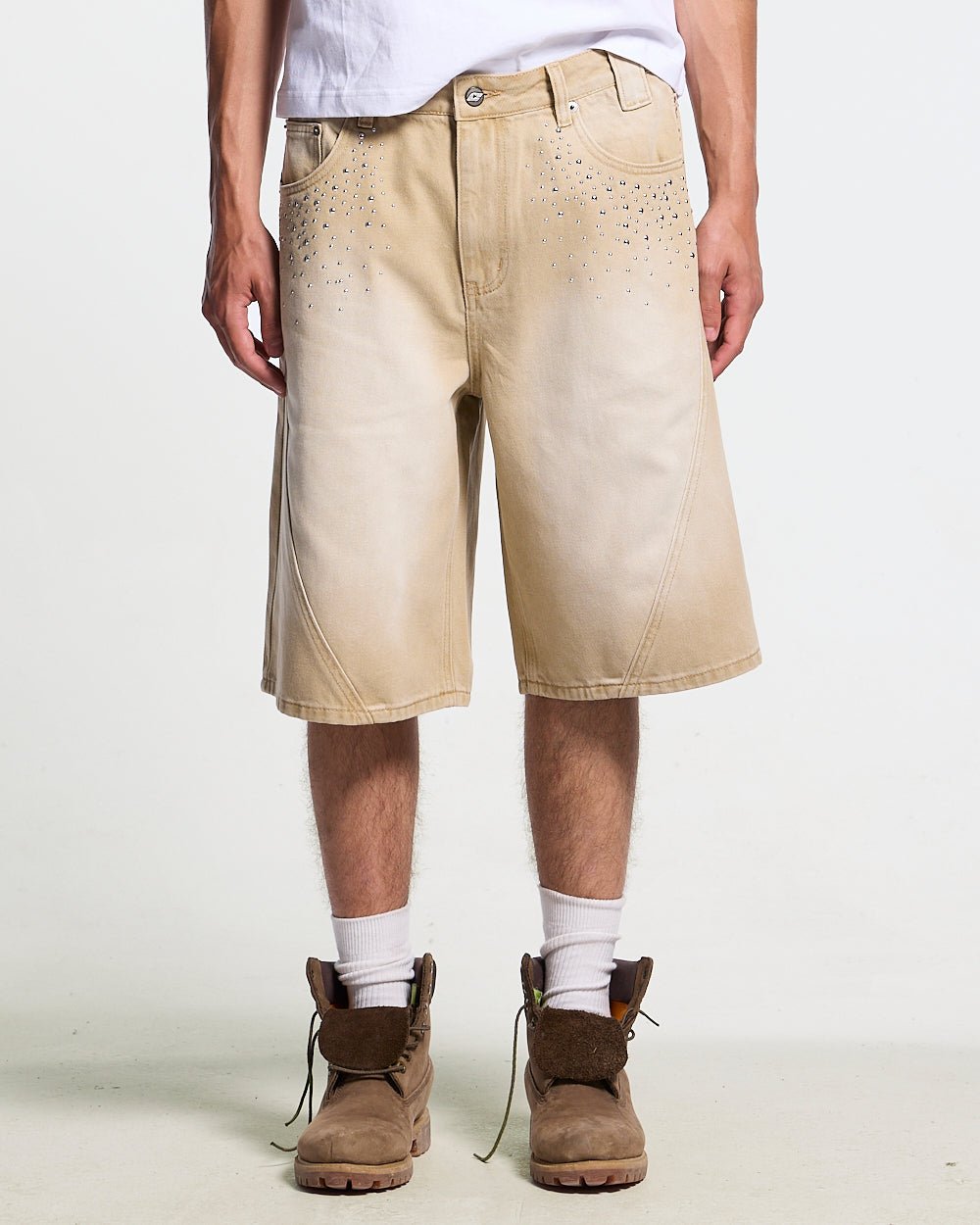 SPARK SHORTS BEIGE - beige washed denim shorts, front view on male model - Cold Culture