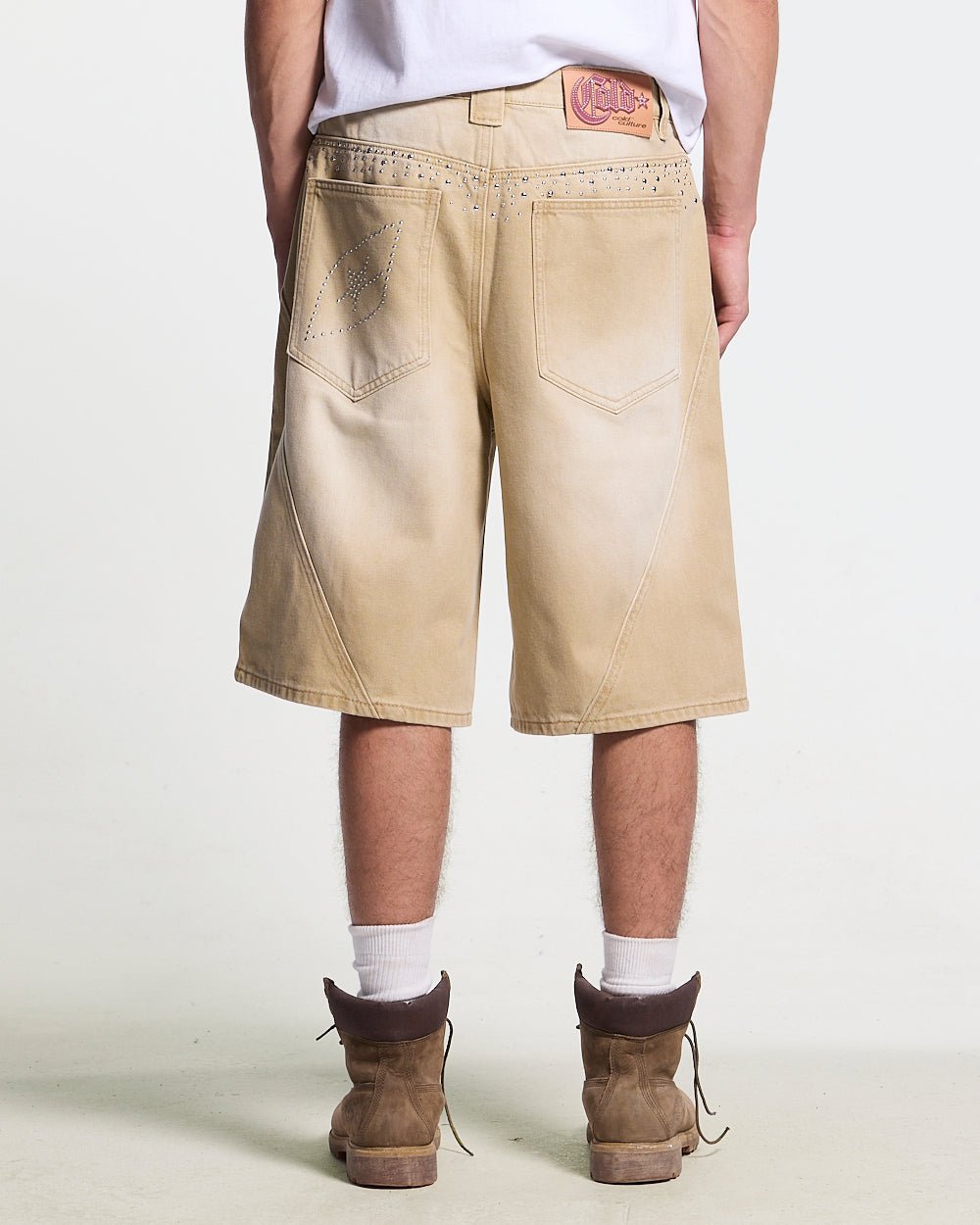 SPARK SHORTS BEIGE - beige washed denim shorts, back view on male model - Cold Culture