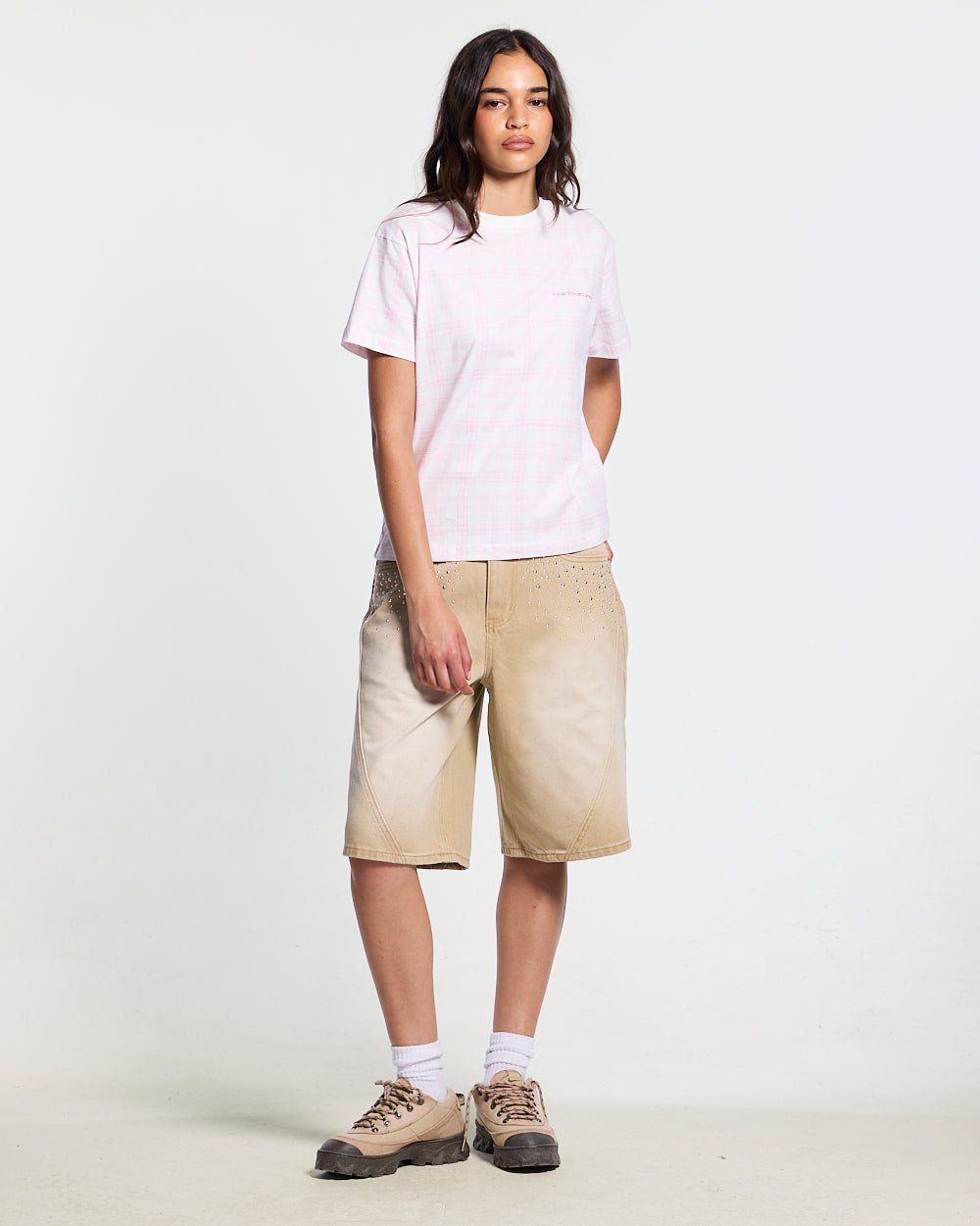 SPARK SHORTS BEIGE - beige washed denim shorts, front view on female model - Cold Culture #woman