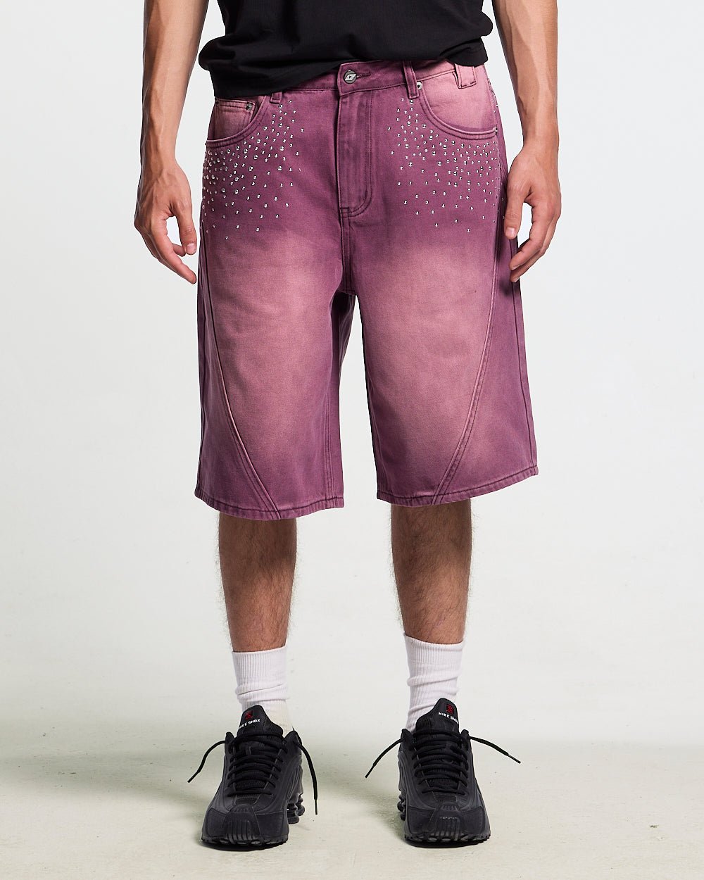 SPARK SHORTS BURGUNDY - washed burgundy denim shorts, front view on male model - Cold Culture