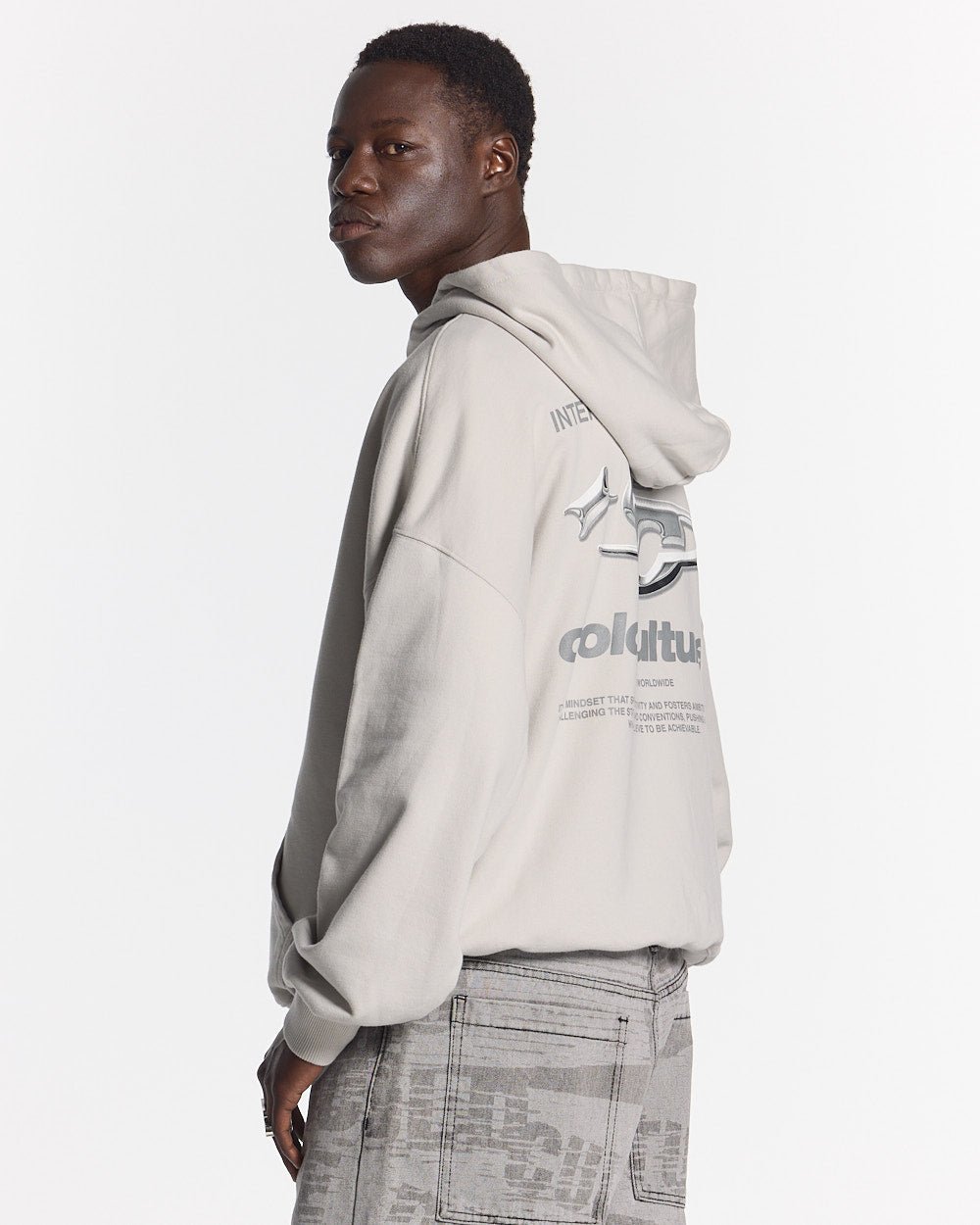 SPARKLY HOODIE PEARL GREY - pearl grey oversized hoodie, side view - Cold Culture