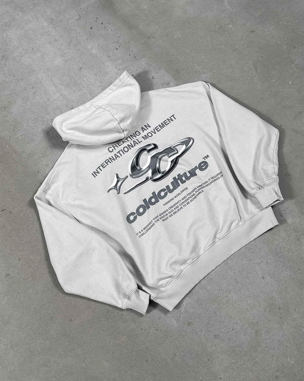 SPARKLY HOODIE PEARL GREY - pearl grey oversized hoodie, flat lay - Cold Culture