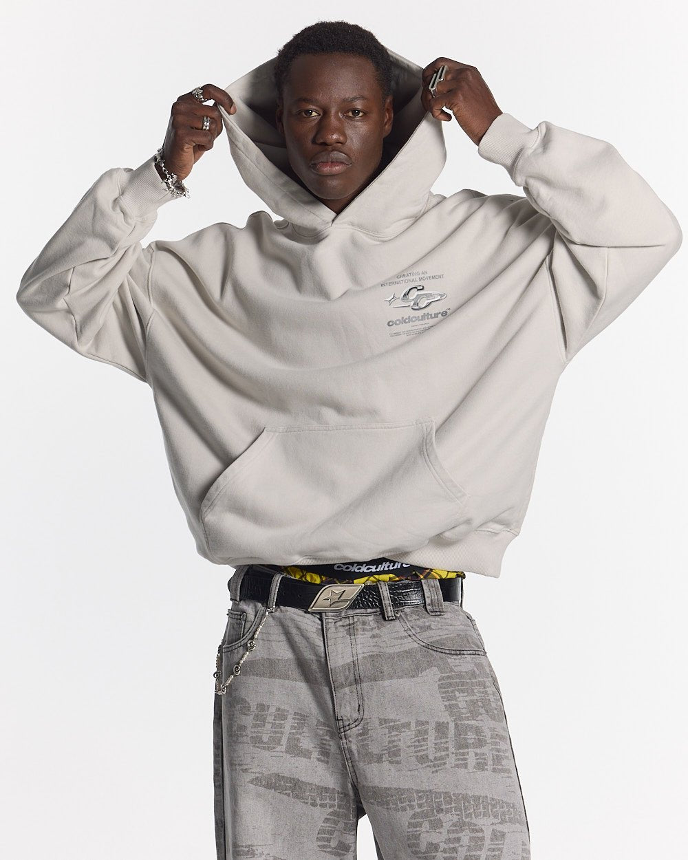 SPARKLY HOODIE PEARL GREY - pearl grey oversized hoodie, front view on male model - Cold Culture #man