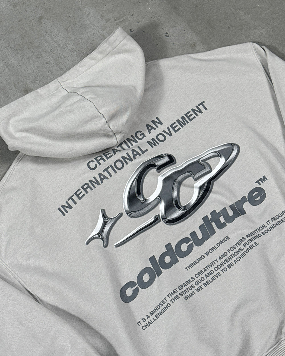 SPARKLY HOODIE PEARL GREY - pearl grey oversized hoodie, detail close-up - Cold Culture