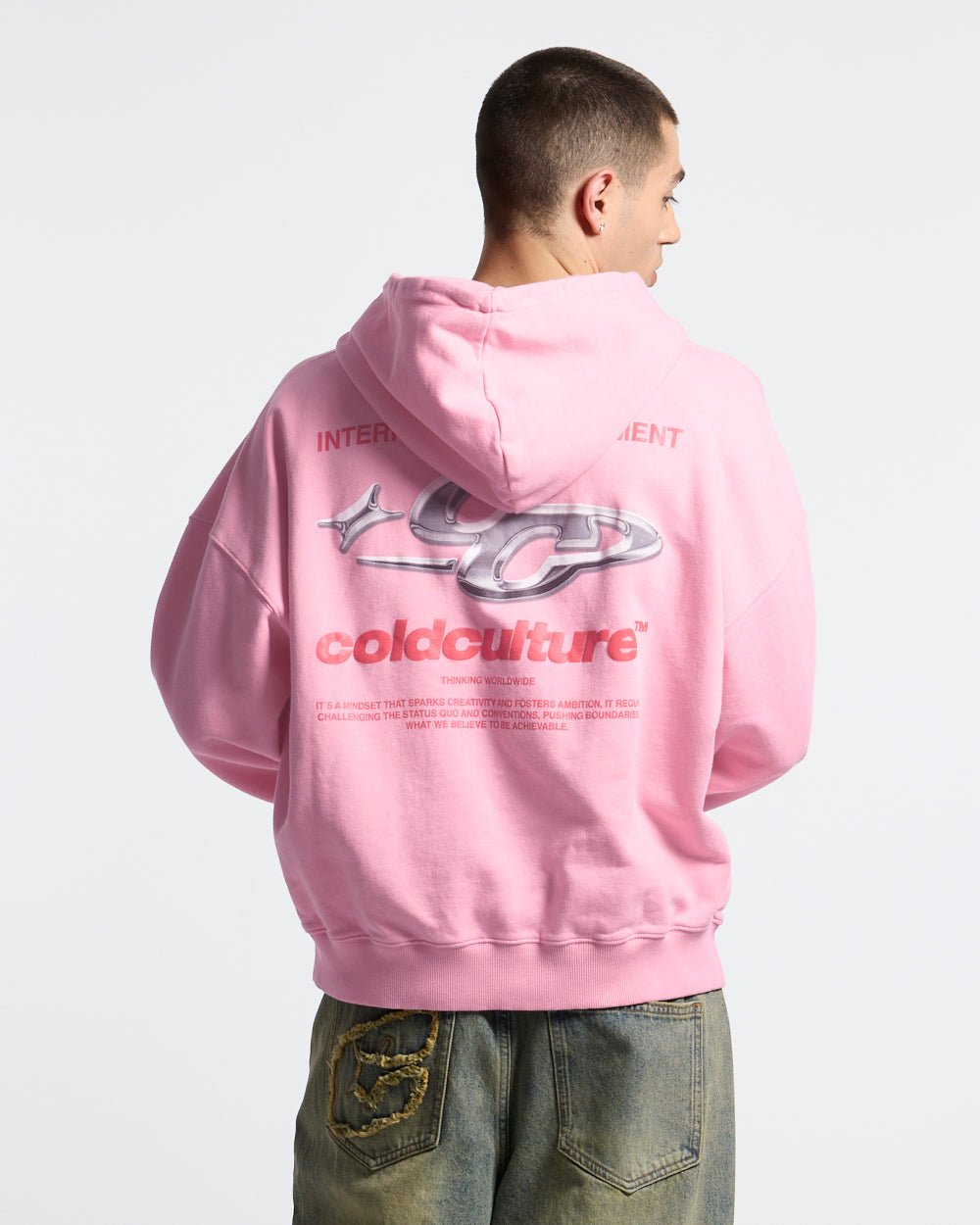 SPARKLY HOODIE PINK - pink graphic print hoodie, back view on male model - Cold Culture #man