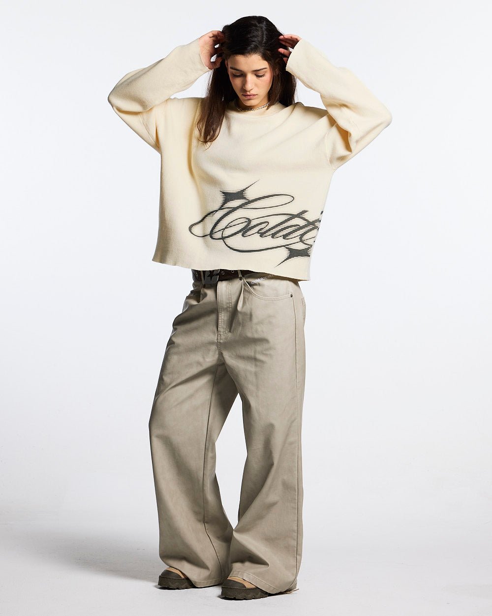 SPARKLY SCRIPT KNIT OFF WHITE - off white script knit sweater, front view on female model - Cold Culture #woman