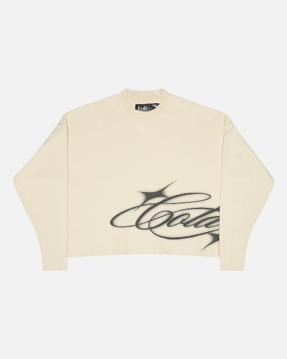 SPARKLY SCRIPT KNIT OFF WHITE - off white script knit sweater, front view - Cold Culture #packshot
