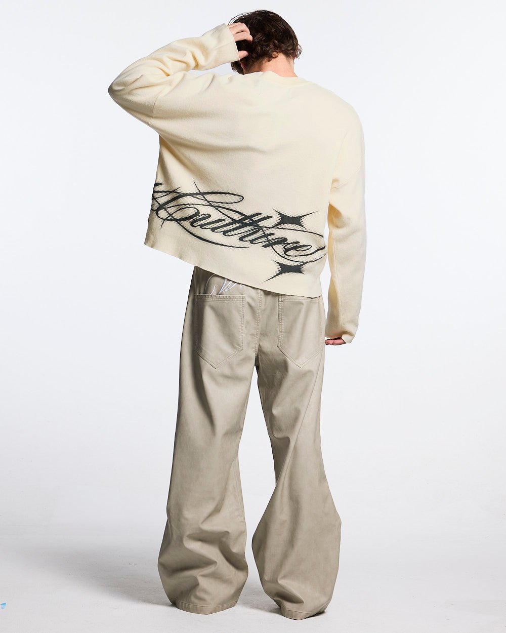 SPARKLY SCRIPT KNIT OFF WHITE - off white script knit sweater, back view on male model - Cold Culture #man